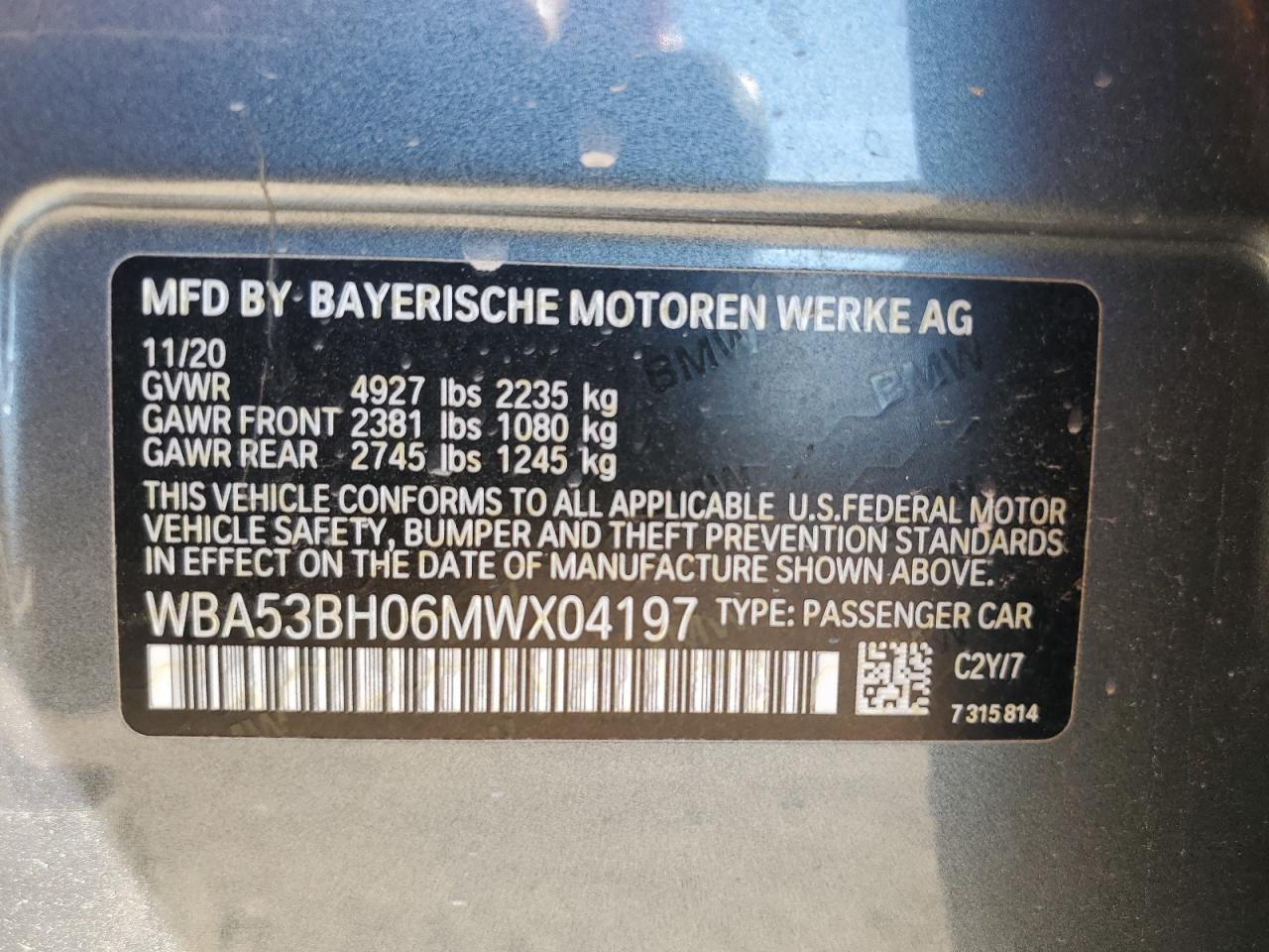 2021 BMW 530 I VIN: WBA53BH06MWX04197 Lot: 84052575