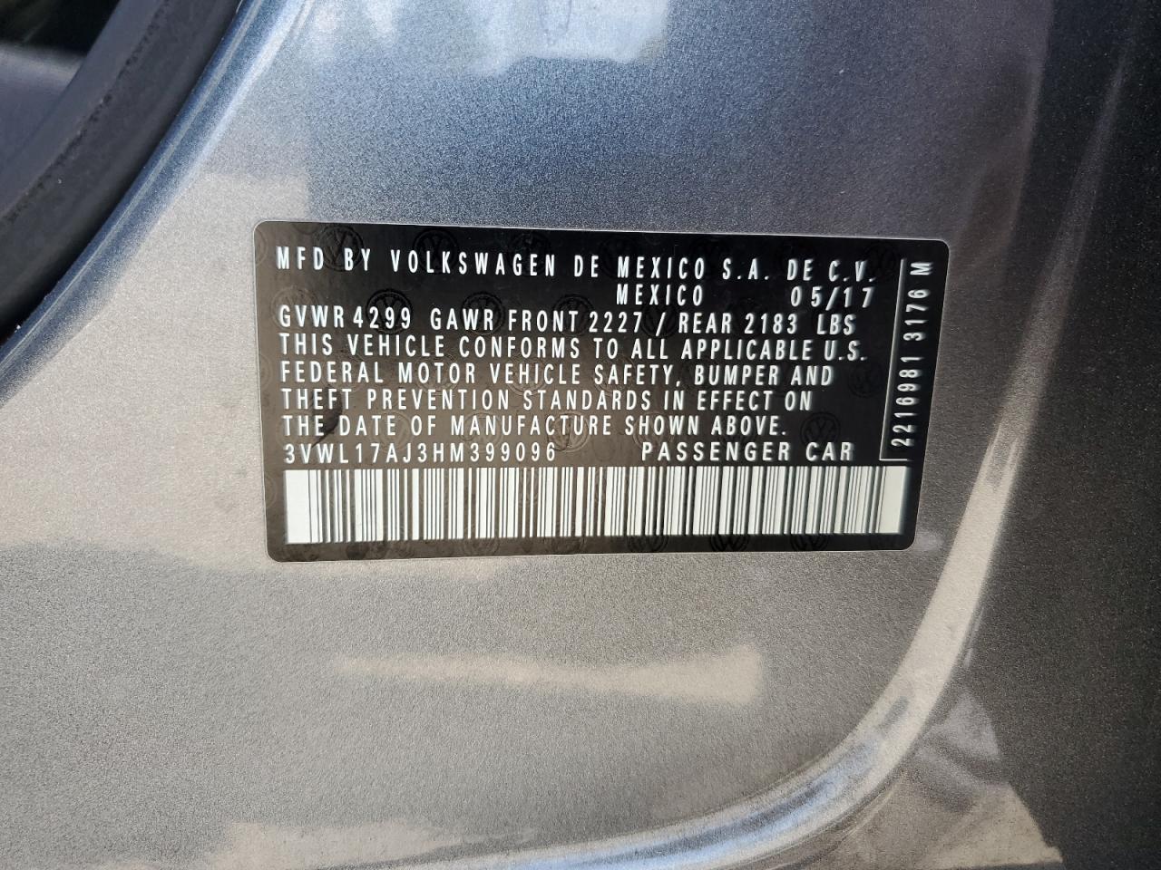 2017 Volkswagen Jetta Sel VIN: 3VWL17AJ3HM399096 Lot: 82123325