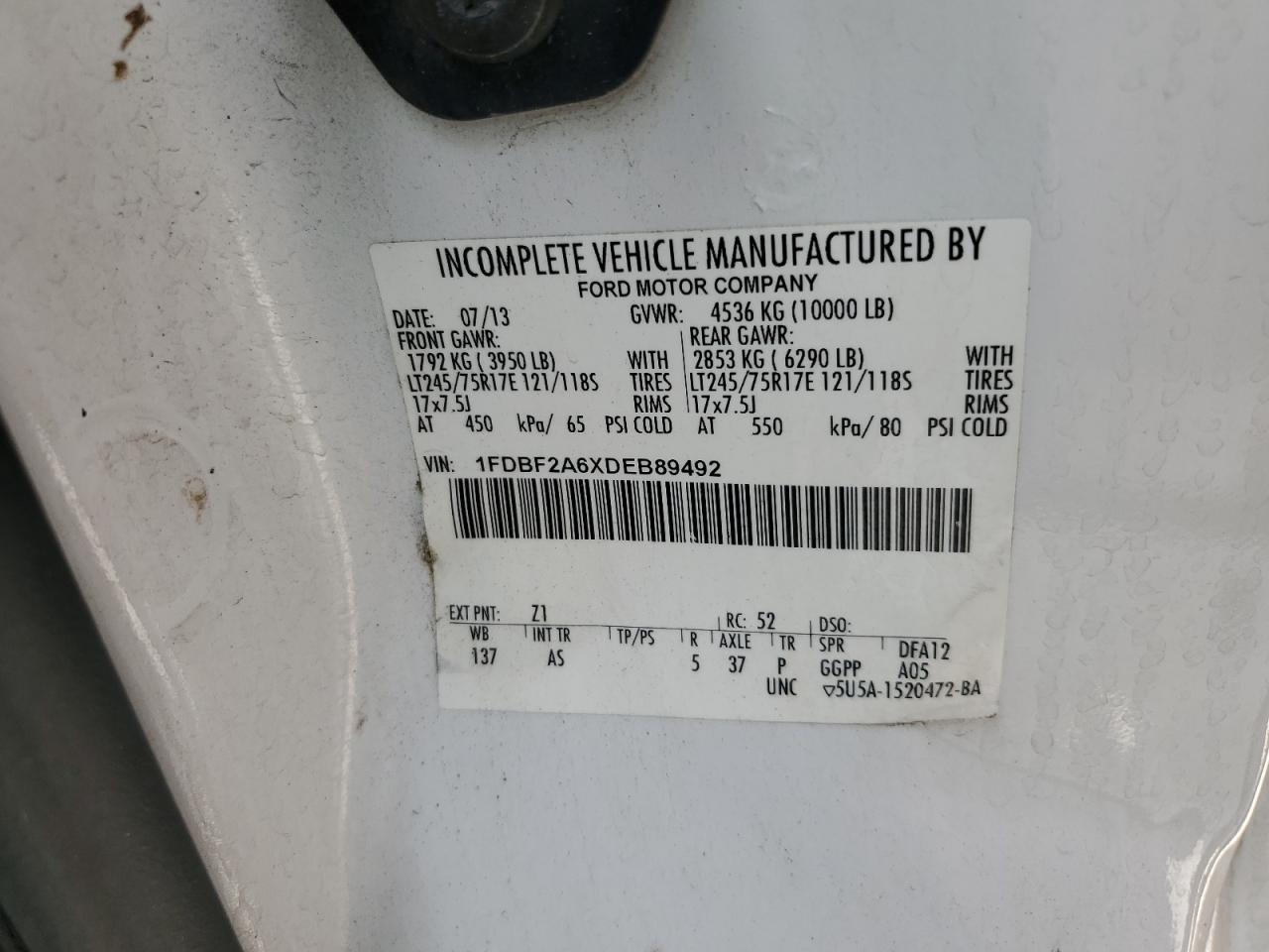 2013 Ford F250 Super Duty VIN: 1FDBF2A6XDEB89492 Lot: 71450345