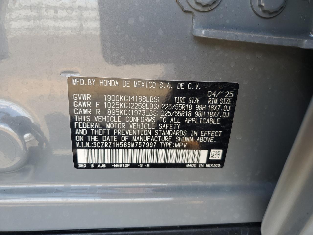 2025 Honda Hr-V Sport VIN: 3CZRZ1H56SM757997 Lot: 81682125