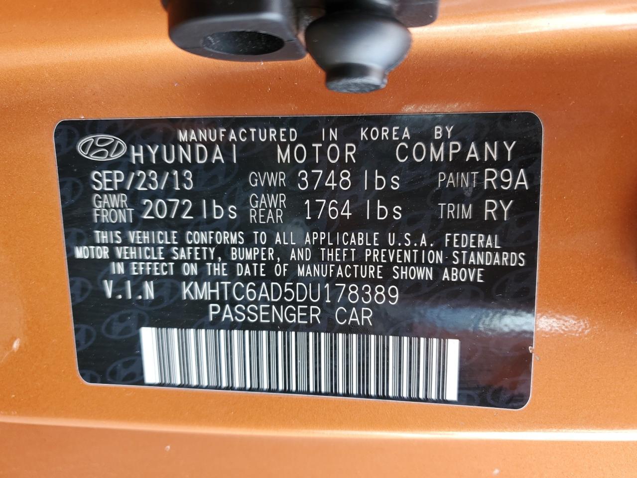 2013 Hyundai Veloster VIN: KMHTC6AD5DU178389 Lot: 80652785