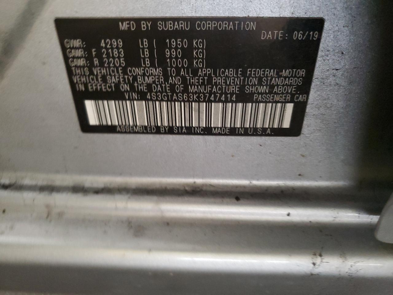 2019 Subaru Impreza Limited VIN: 4S3GTAS63K3747414 Lot: 80650865