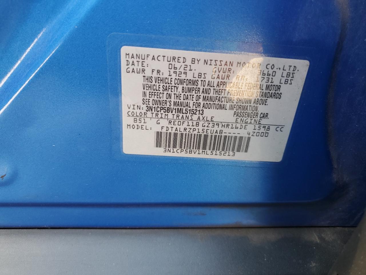 2021 Nissan Kicks S VIN: 3N1CP5BV1ML515213 Lot: 81085425