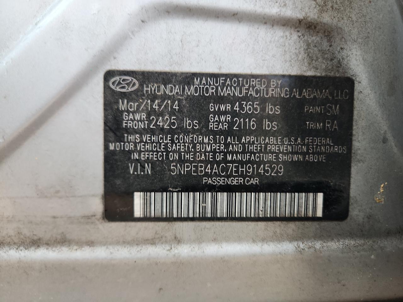 2014 Hyundai Sonata Gls VIN: 5NPEB4AC7EH914529 Lot: 82092585