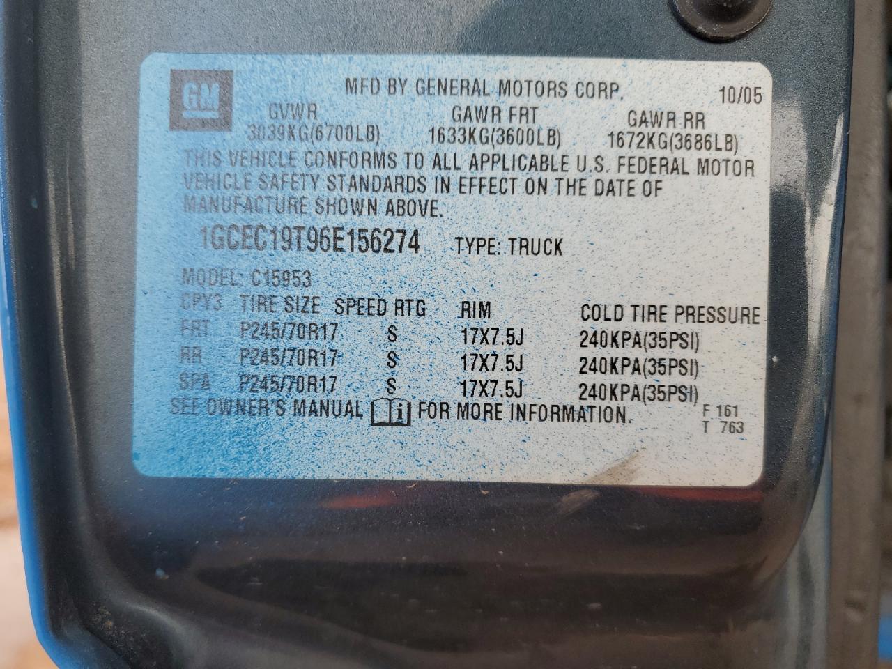 2006 Chevrolet Silverado C1500 VIN: 1GCEC19T96E156274 Lot: 81106545