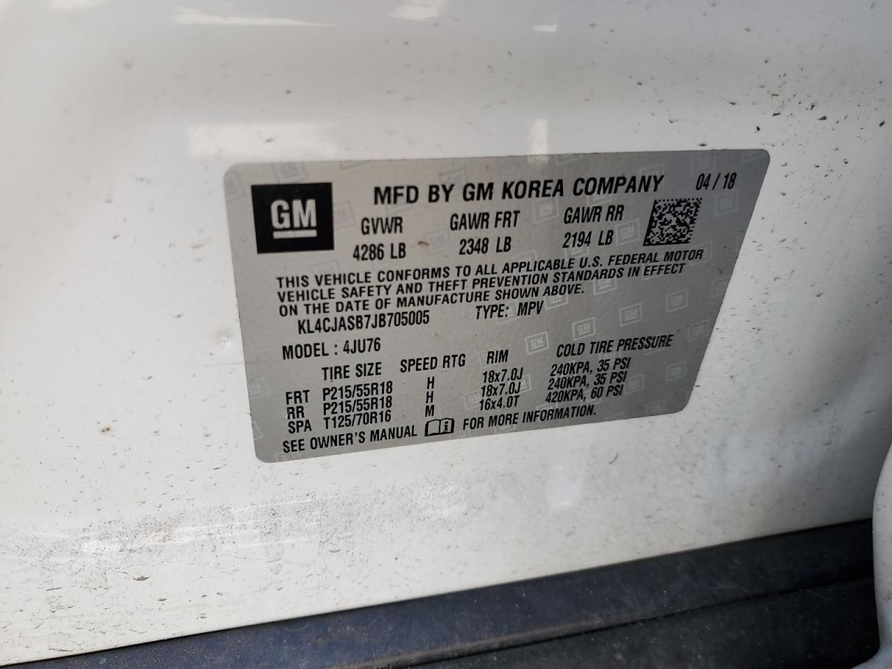 2018 Buick Encore Preferred VIN: KL4CJASB7JB705005 Lot: 70845865