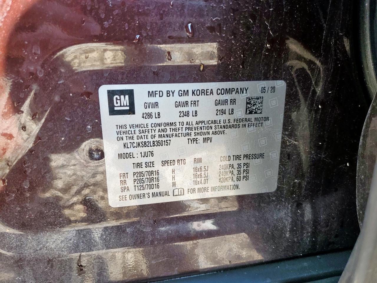 2020 Chevrolet Trax Ls VIN: KL7CJKSB2LB350157 Lot: 80754075