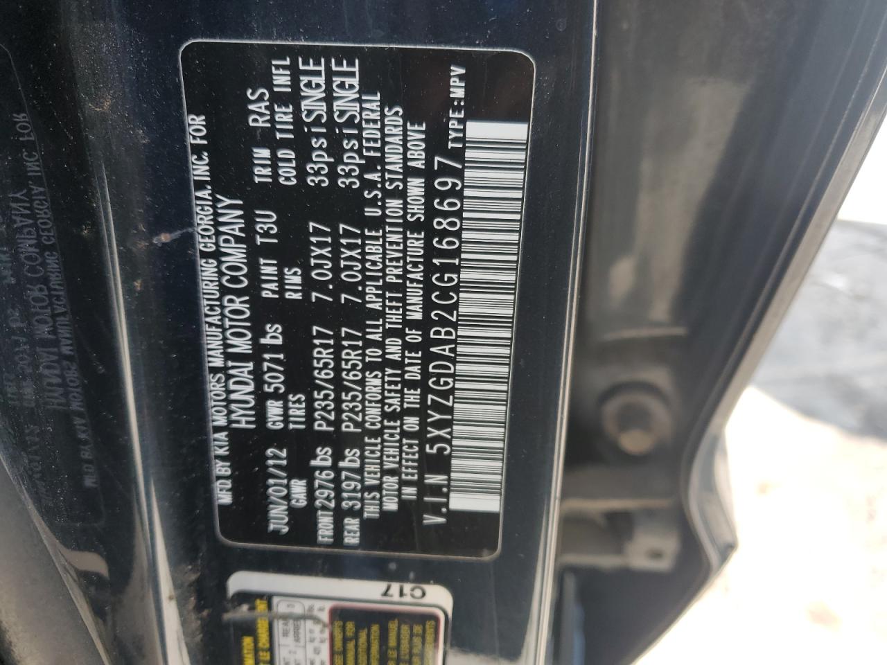 2012 Hyundai Santa Fe Gls VIN: 5XYZGDAB2CG168697 Lot: 84543735