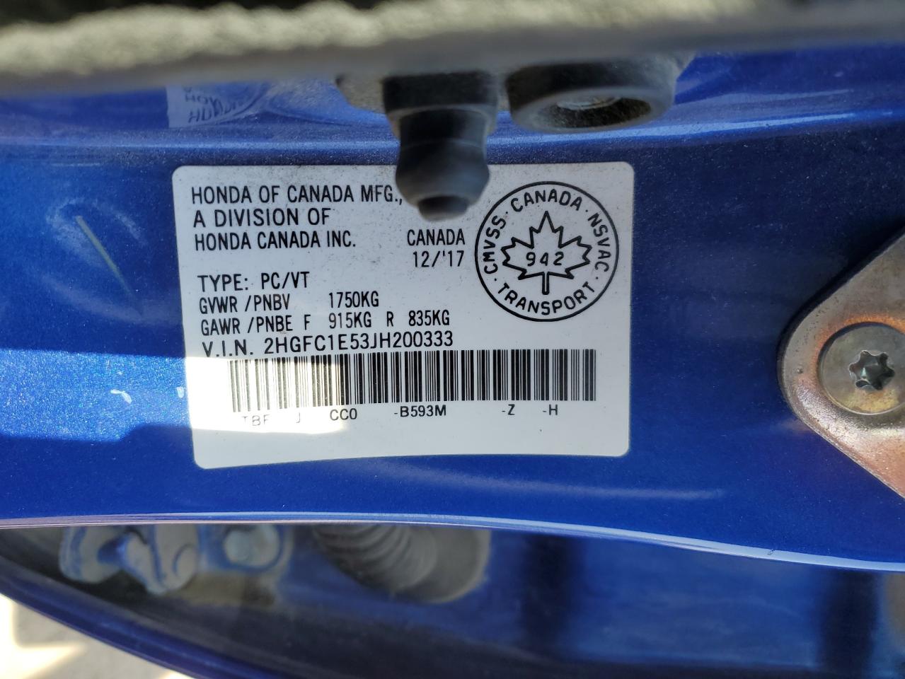 2018 Honda Civic Si VIN: 2HGFC1E53JH200333 Lot: 80440975