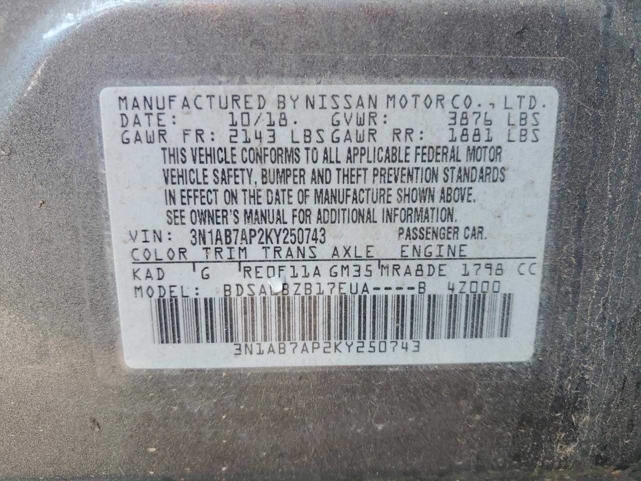 2019 Nissan Sentra S VIN: 3N1AB7AP2KY250743 Lot: 84395875