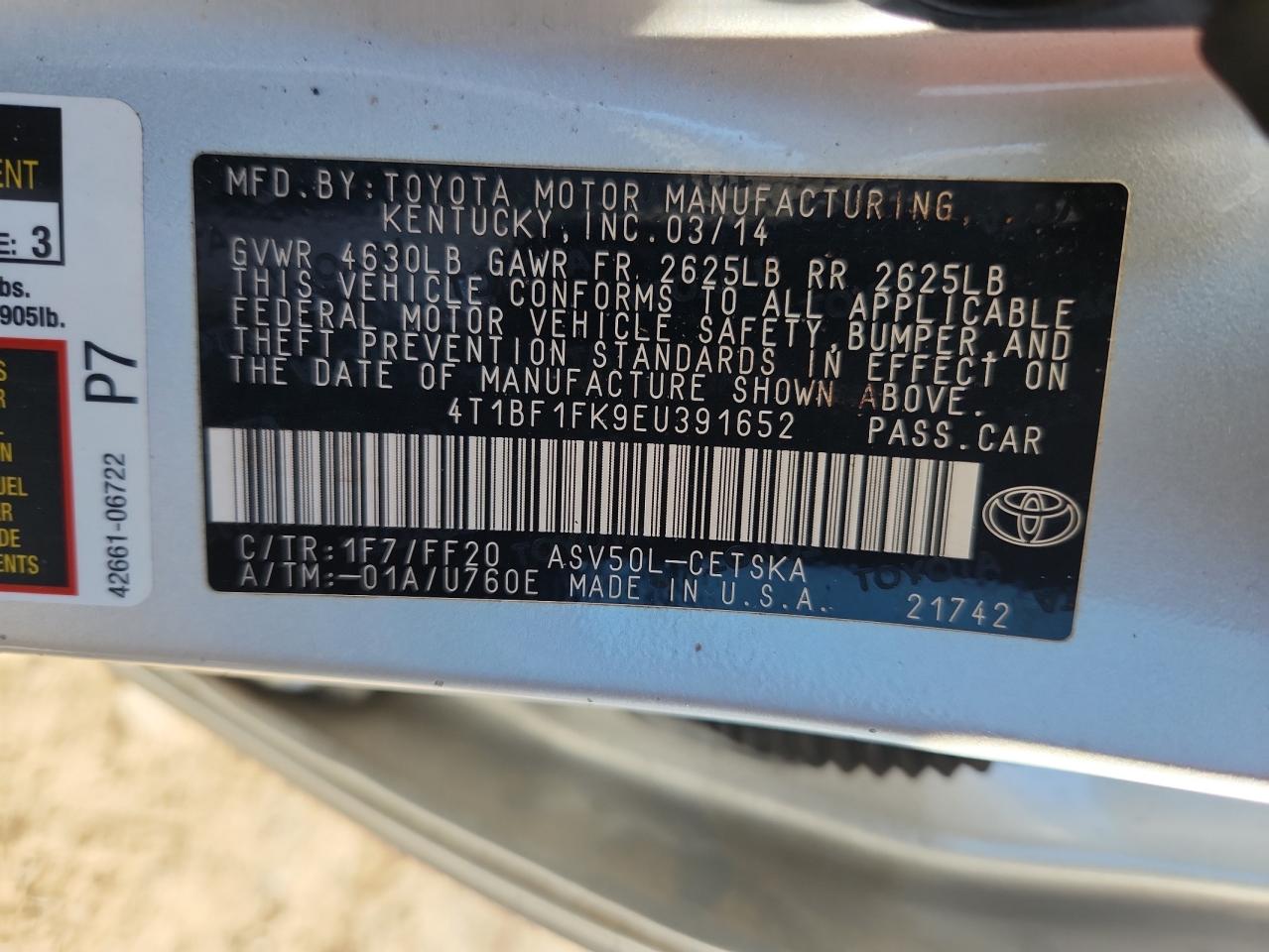 2014 Toyota Camry L VIN: 4T1BF1FK9EU391652 Lot: 72069565