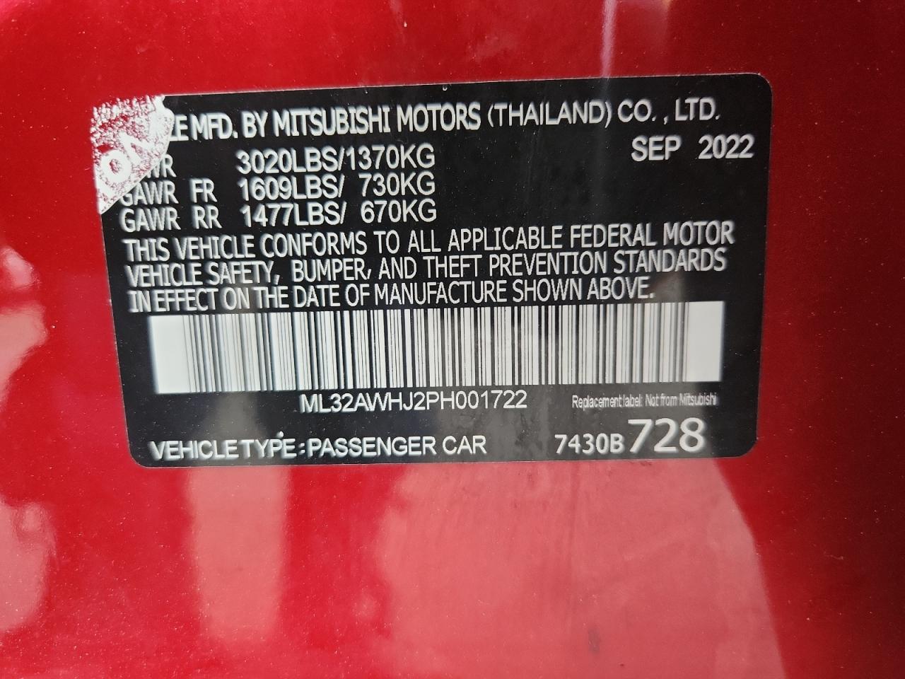 2023 Mitsubishi Mirage Se VIN: ML32AWHJ2PH001722 Lot: 80056245