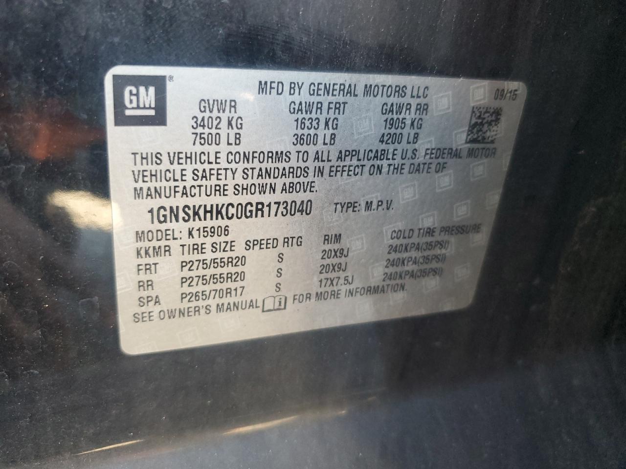 2016 Chevrolet Suburban K1500 Lt VIN: 1GNSKHKC0GR173040 Lot: 81574085