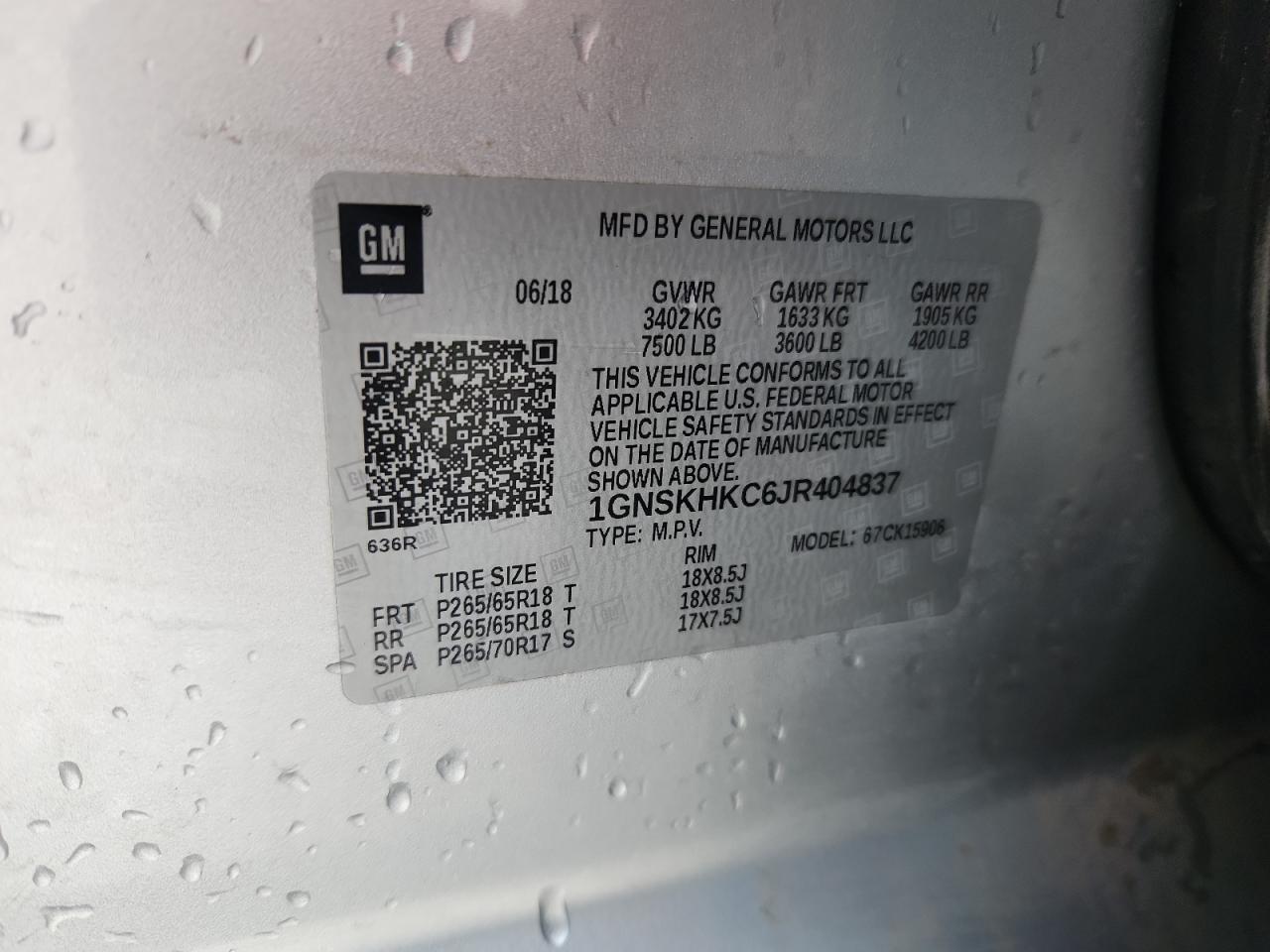 2018 Chevrolet Suburban K1500 Lt VIN: 1GNSKHKC6JR404837 Lot: 84204845