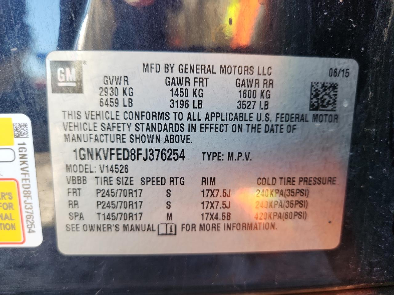 2015 Chevrolet Traverse Ls VIN: 1GNKVFED8FJ376254 Lot: 81616815