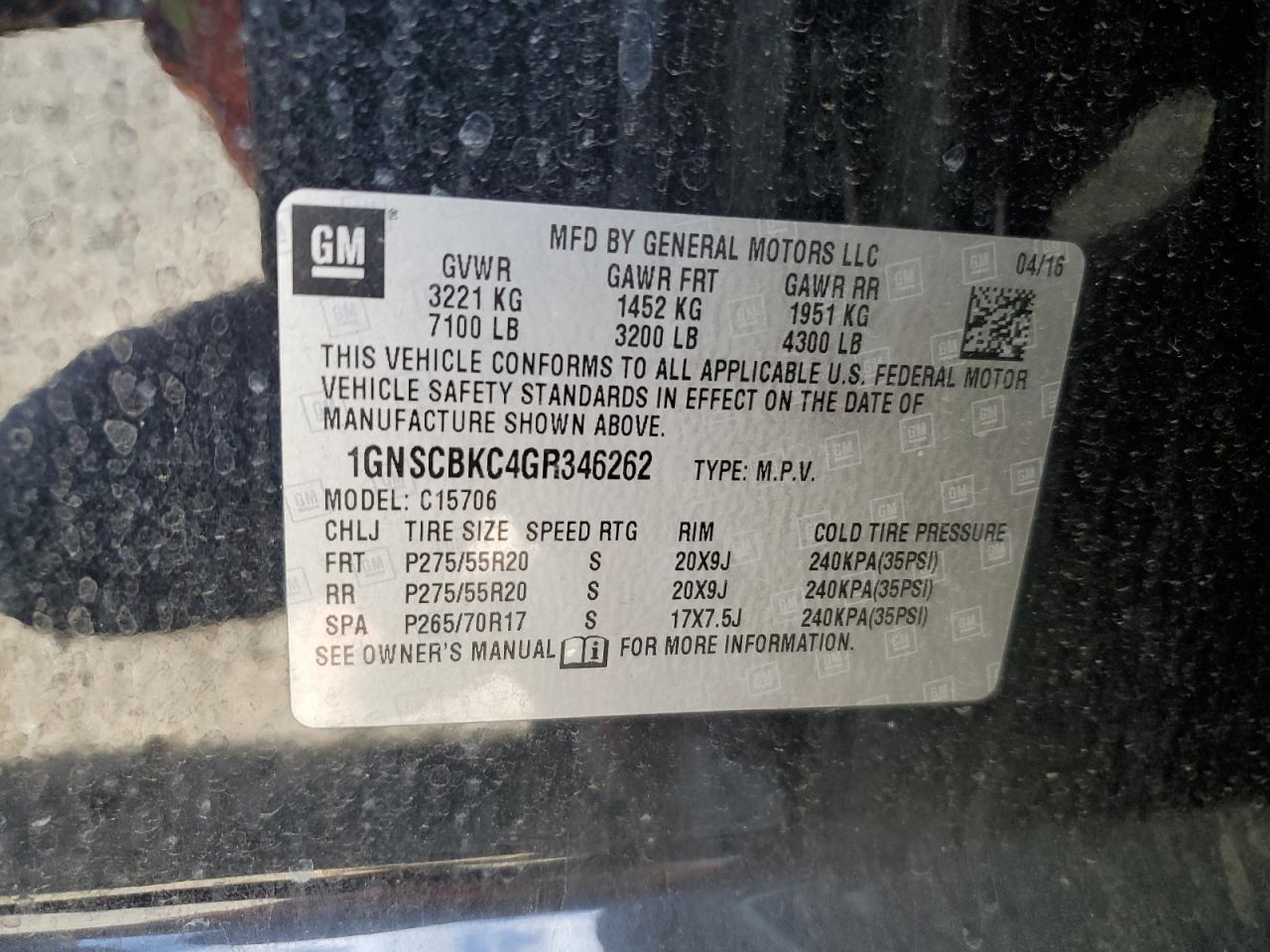 2016 Chevrolet Tahoe C1500 Lt VIN: 1GNSCBKC4GR346262 Lot: 71707025