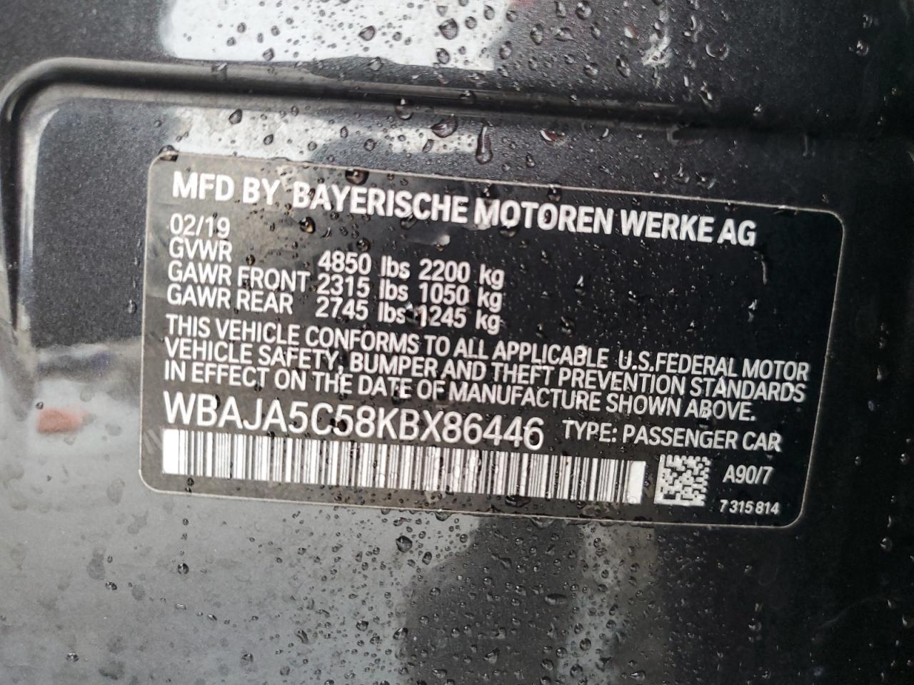 2019 BMW 530 I VIN: WBAJA5C58KBX86446 Lot: 84418615