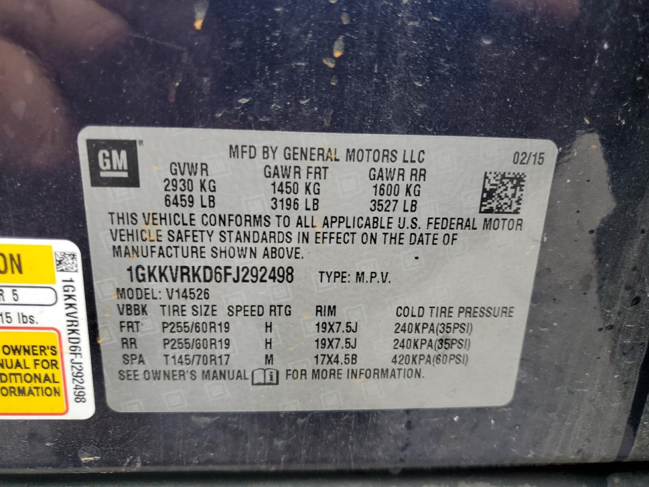 2015 GMC Acadia Slt-1 VIN: 1GKKVRKD6FJ292498 Lot: 81012915