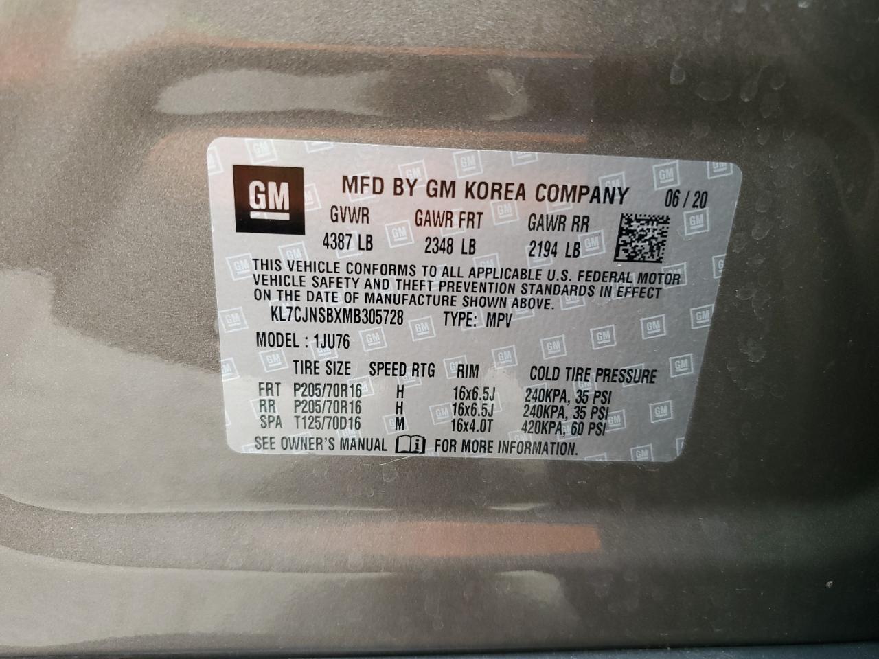 2021 Chevrolet Trax Ls VIN: KL7CJNSBXMB305728 Lot: 84609385