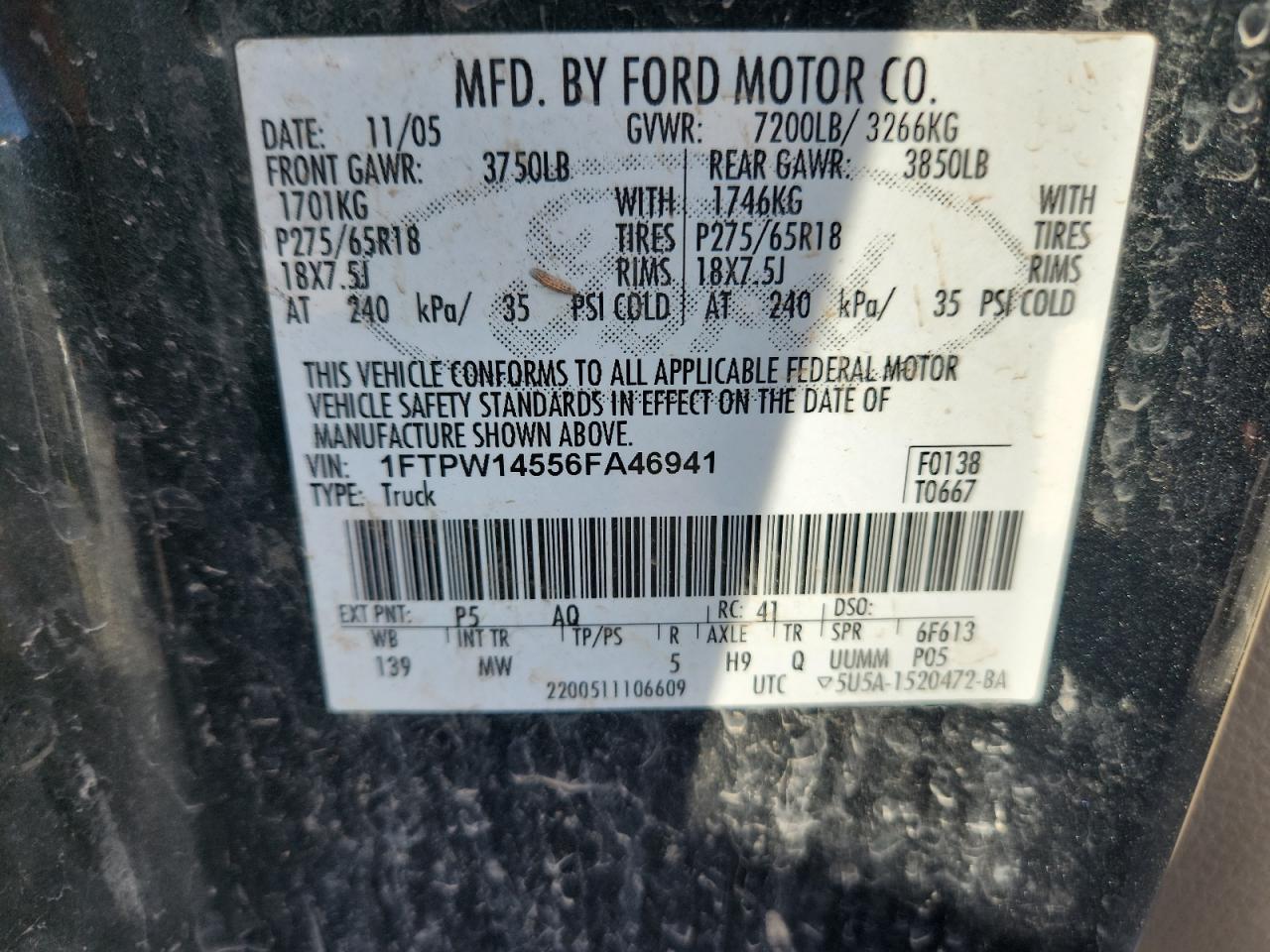 2006 Ford F150 Supercrew VIN: 1FTPW14556FA46941 Lot: 72081605