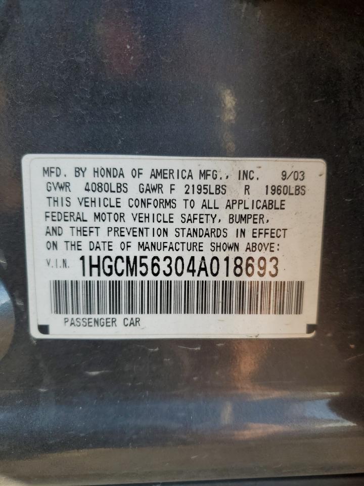 2004 Honda Accord Lx VIN: 1HGCM56304A018693 Lot: 82136205