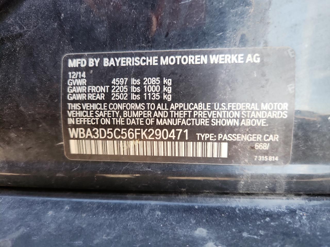 2015 BMW 328 D xDrive VIN: WBA3D5C56FK290471 Lot: 80601495