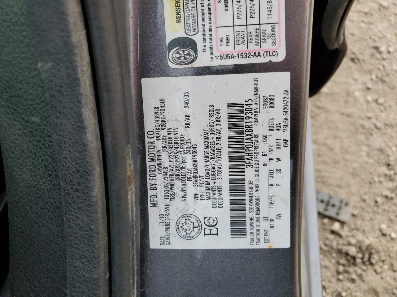 2011 Ford Fusion Sel VIN: 3FAHP0JAXBR193045 Lot: 80111285