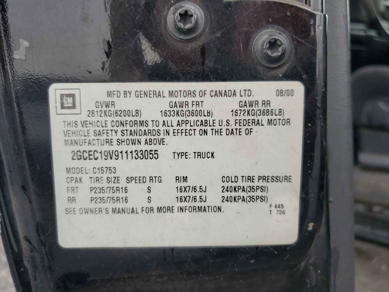 2001 Chevrolet Silverado C1500 VIN: 2GCEC19V911133055 Lot: 81730415