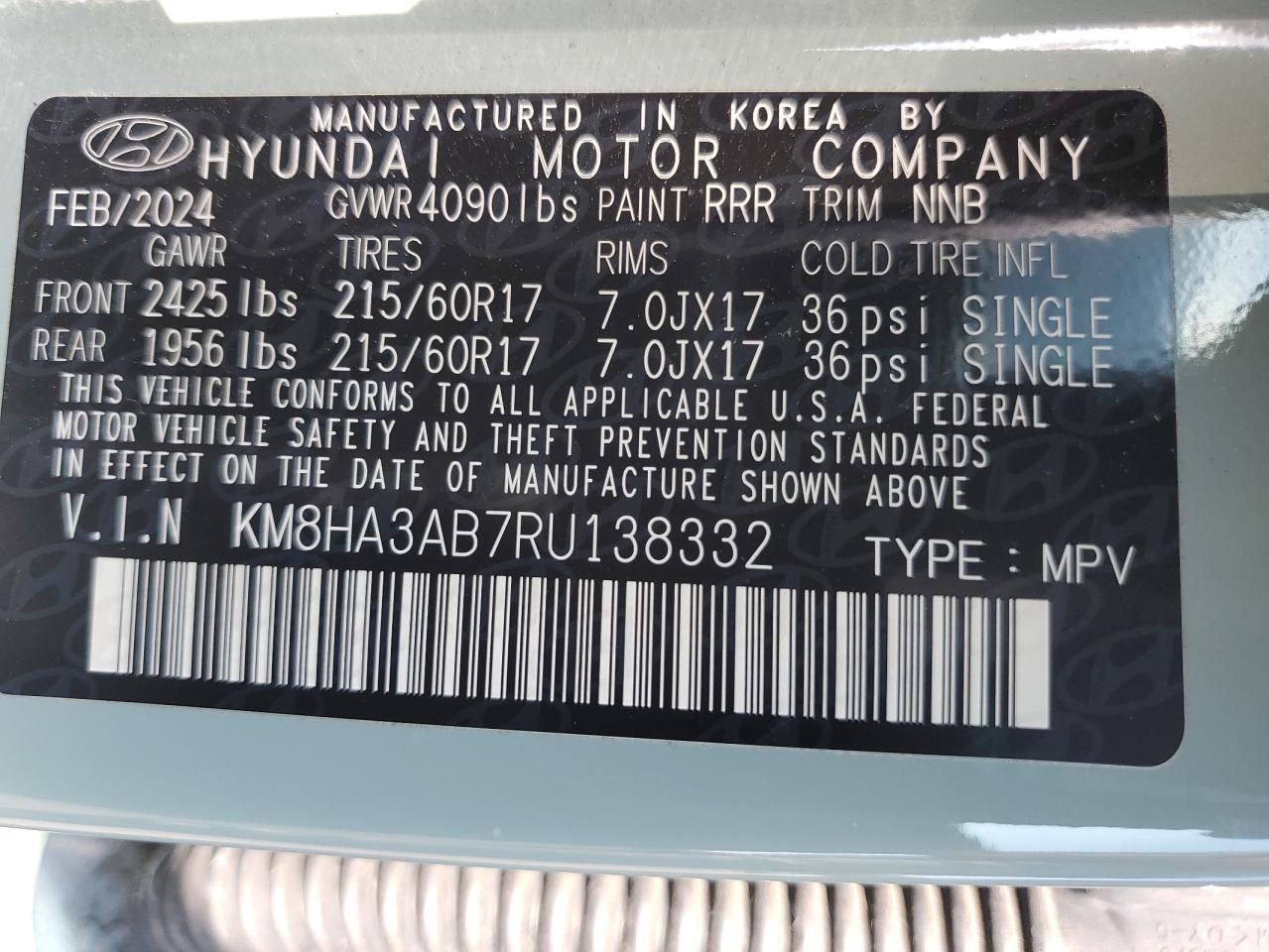 2024 Hyundai Kona Se VIN: KM8HA3AB7RU138332 Lot: 71700745