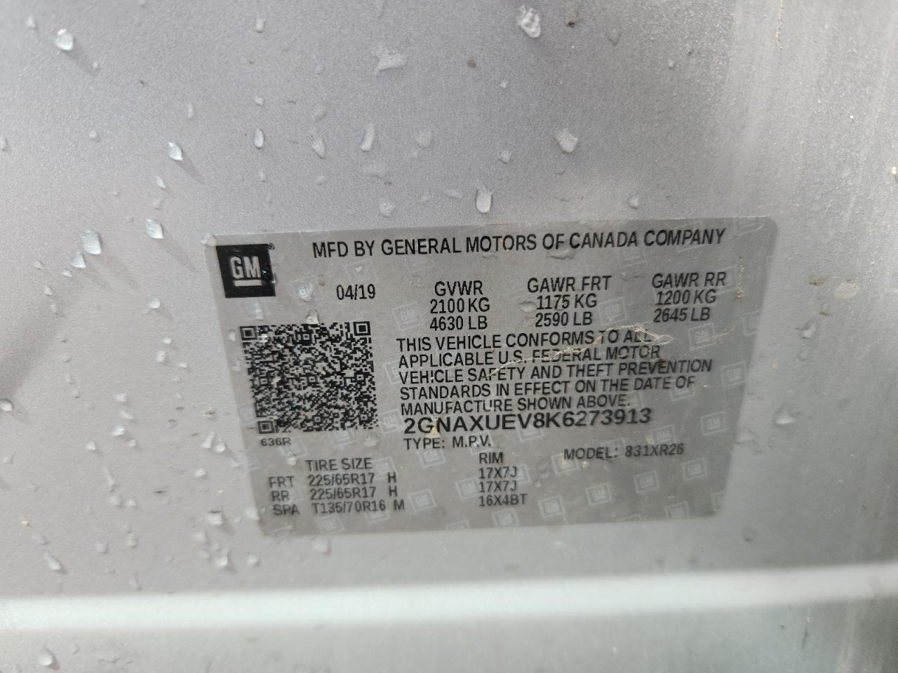 2019 Chevrolet Equinox Lt VIN: 2GNAXUEV8K6273913 Lot: 81425055