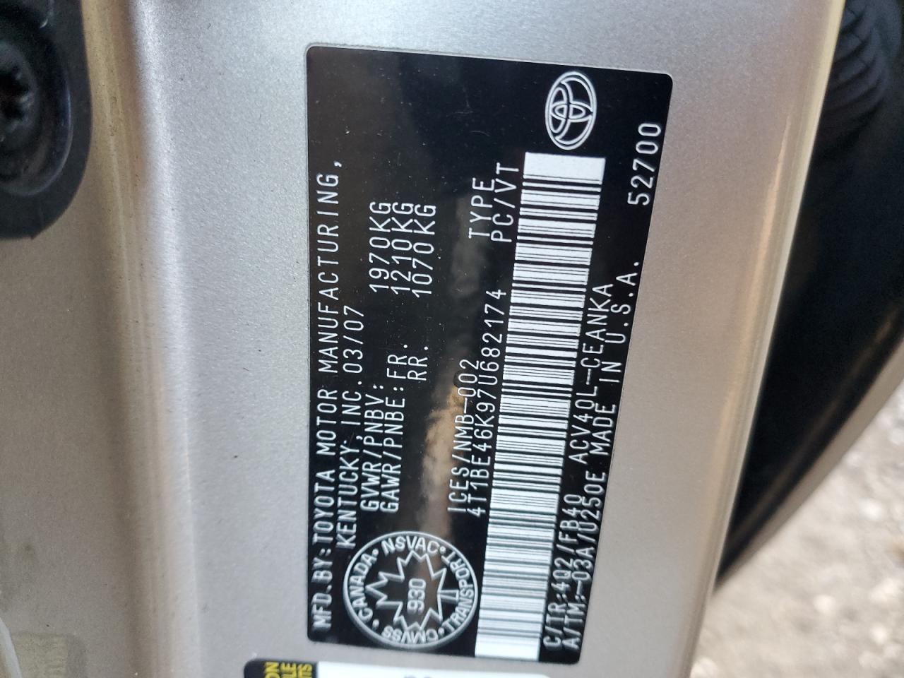 2007 Toyota Camry Ce VIN: 4T1BE46K97U682174 Lot: 84392825