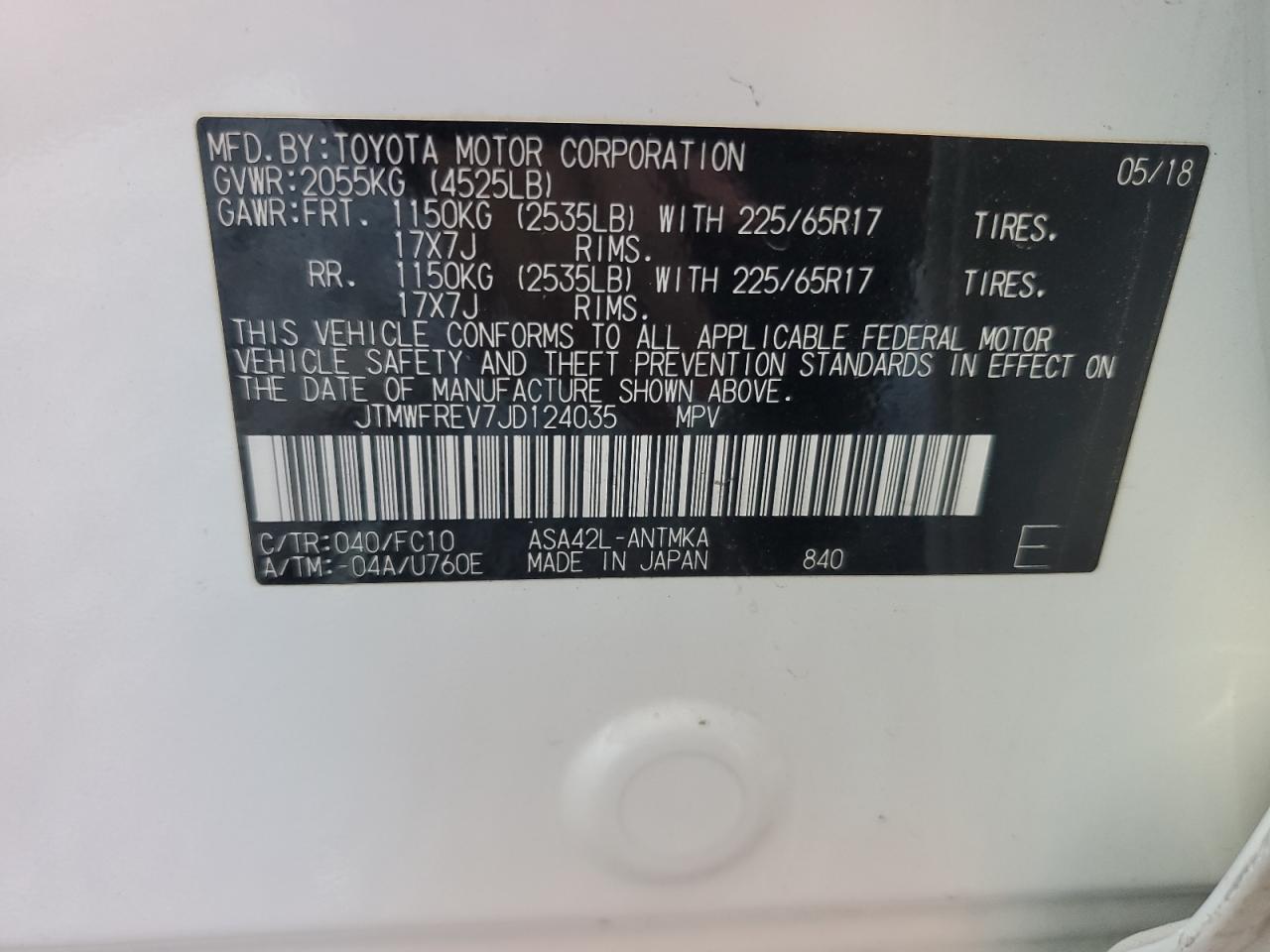 2018 Toyota Rav4 Adventure VIN: JTMWFREV7JD124035 Lot: 83778235