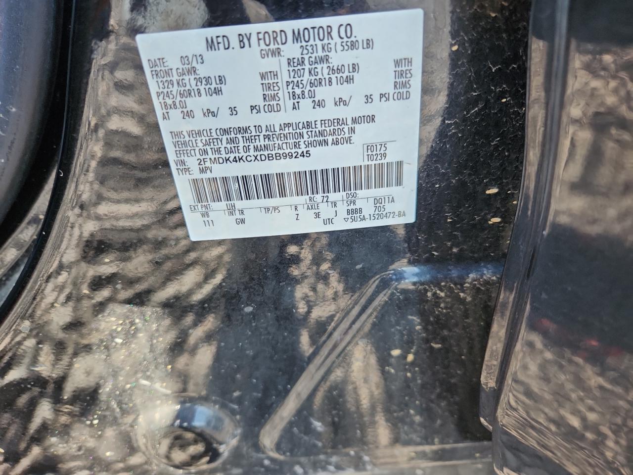 2013 Ford Edge Limited VIN: 2FMDK4KCXDBB99245 Lot: 71700615