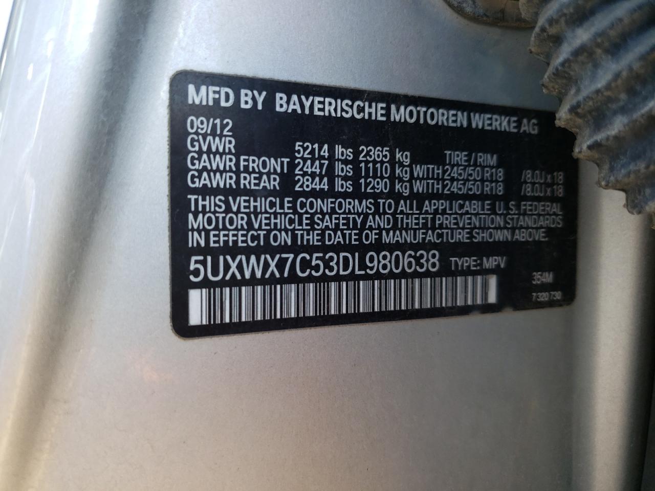 2013 BMW X3 xDrive35I VIN: 5UXWX7C53DL980638 Lot: 70875413