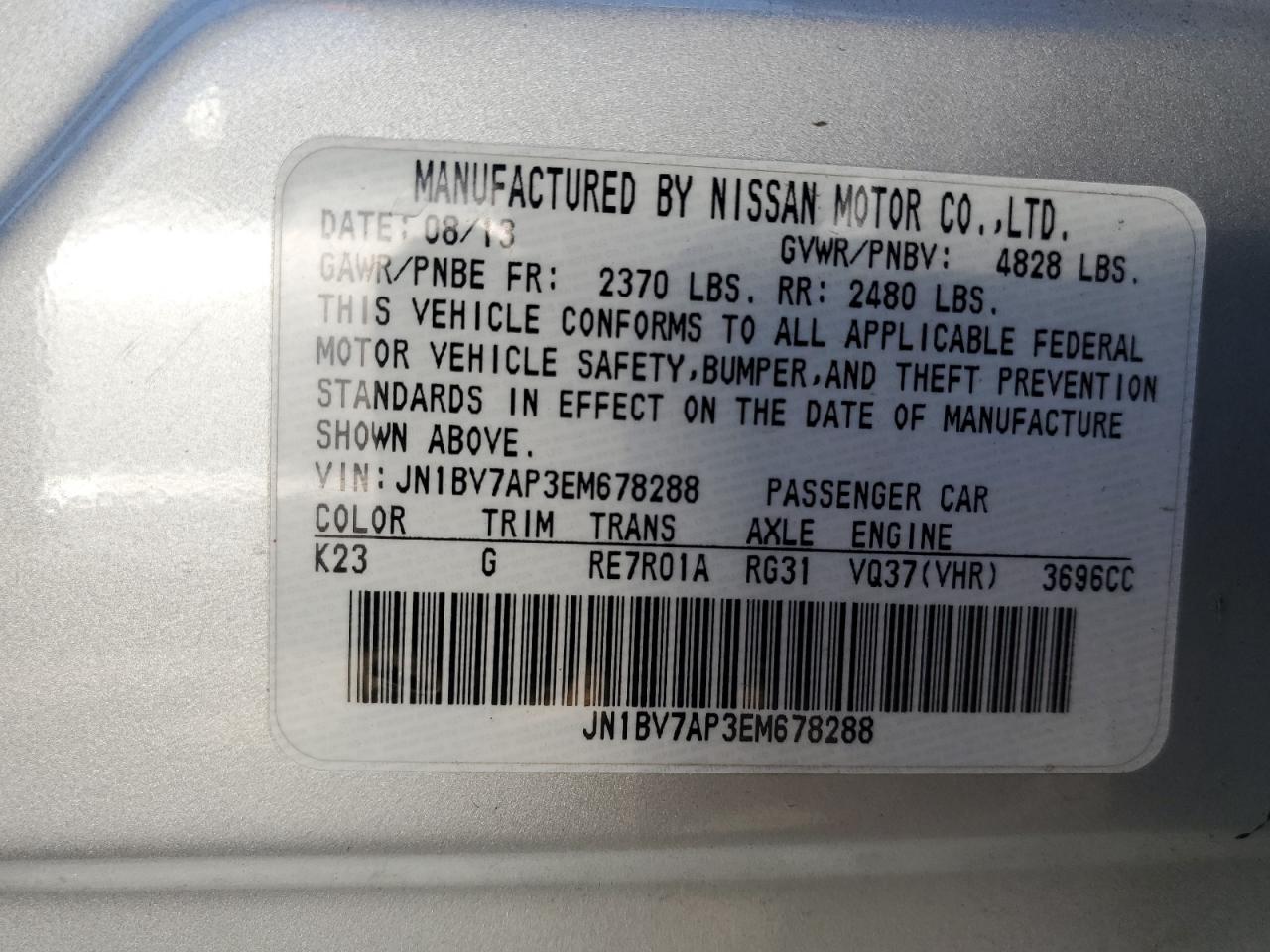 JN1BV7AP3EM678288 2014 Infiniti Q50 Base