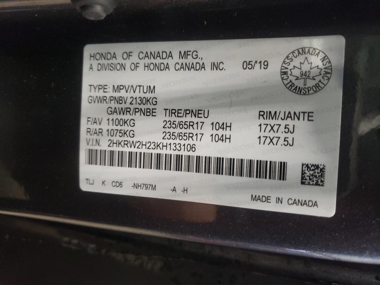 2019 Honda Cr-V Lx VIN: 2HKRW2H23KH133106 Lot: 72829983