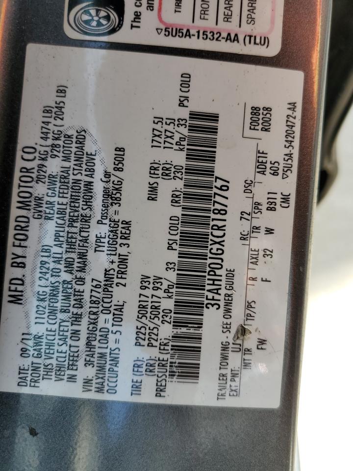 2012 Ford Fusion Sel VIN: 3FAHP0JGXCR187767 Lot: 72832293