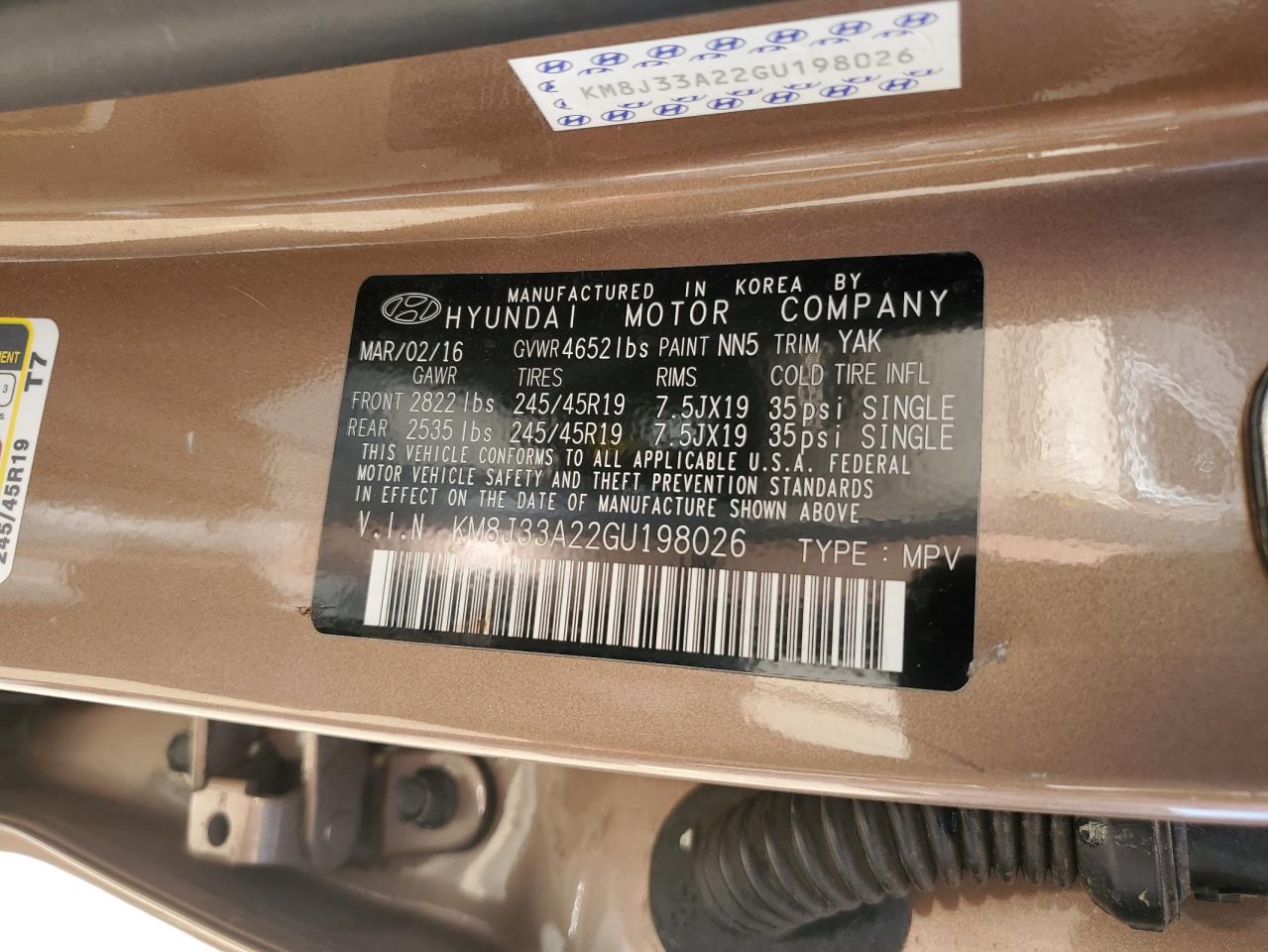 2016 Hyundai Tucson Limited VIN: KM8J33A22GU198026 Lot: 69319674