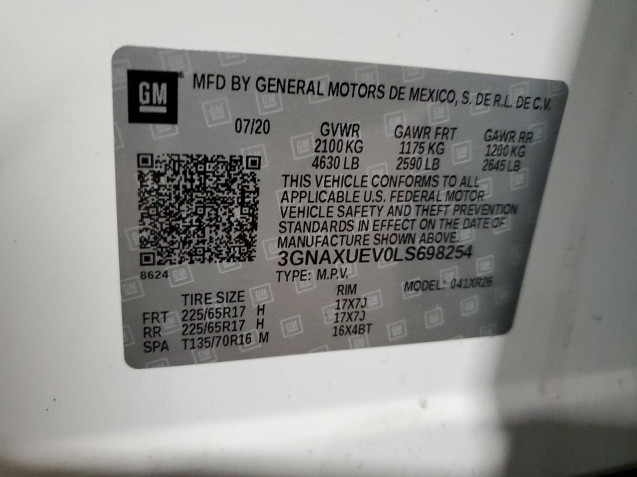 2020 Chevrolet Equinox Lt VIN: 3GNAXUEV0LS698254 Lot: 70680633