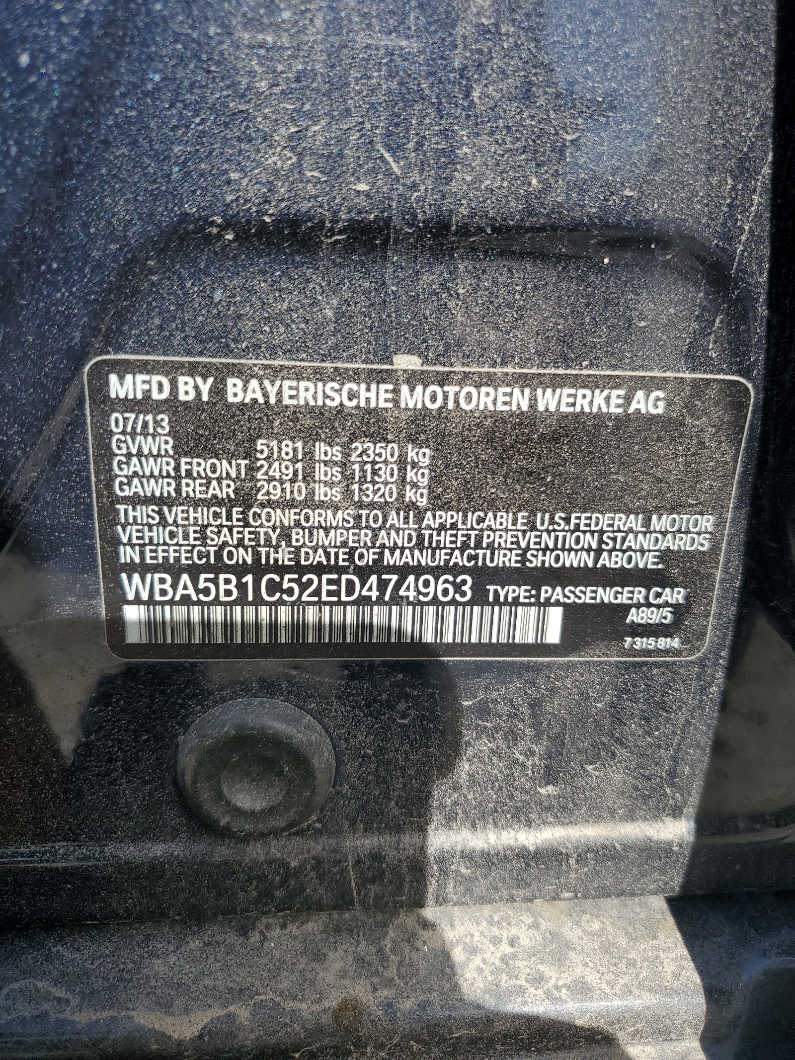 WBA5B1C52ED474963 2014 BMW 535 I