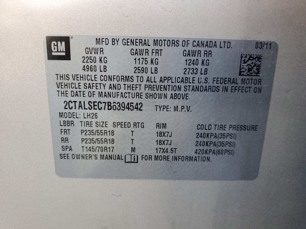 2CTALSEC7B6394542 2011 GMC Terrain Sle