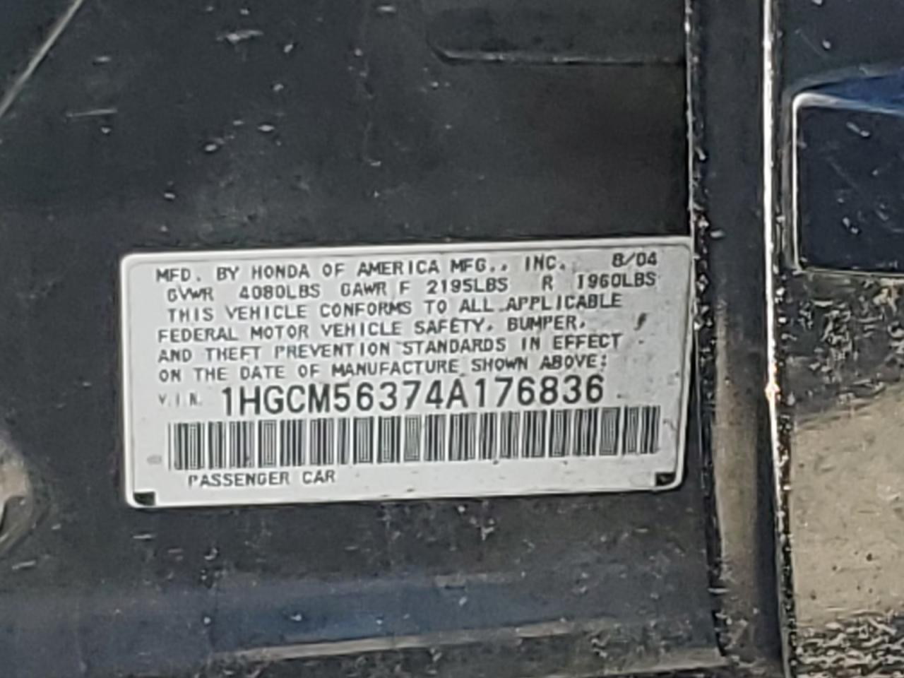 2004 Honda Accord Lx VIN: 1HGCM56374A176836 Lot: 73646083