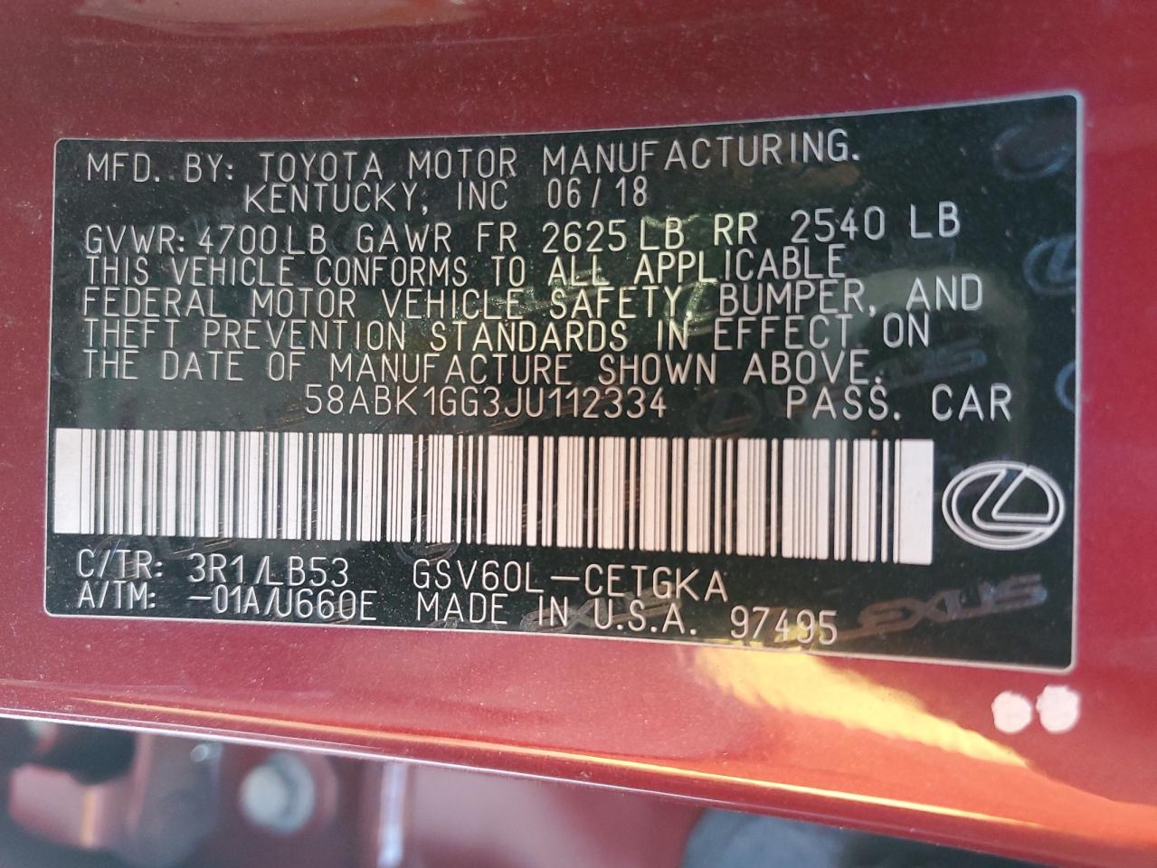 2018 Lexus Es 350 VIN: 58ABK1GG3JU112334 Lot: 73269413