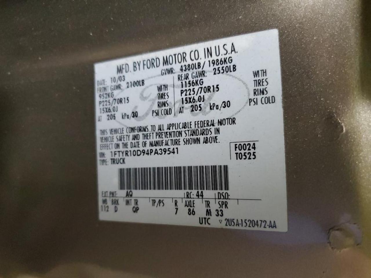 2004 Ford Ranger VIN: 1FTYR10D94PA39541 Lot: 72400903