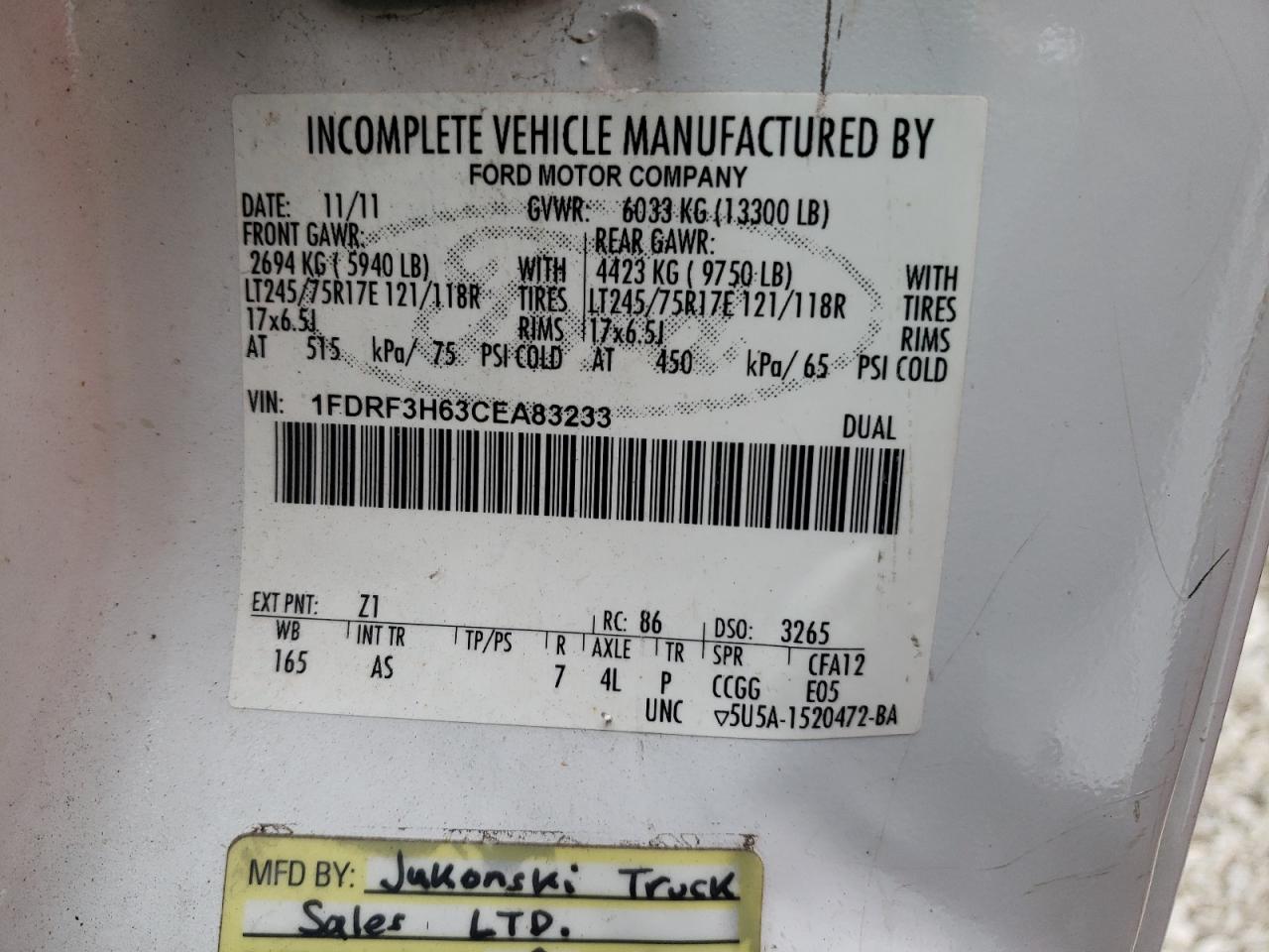 2012 Ford F350 Super Duty VIN: 1FDRF3H63CEA83233 Lot: 71404835