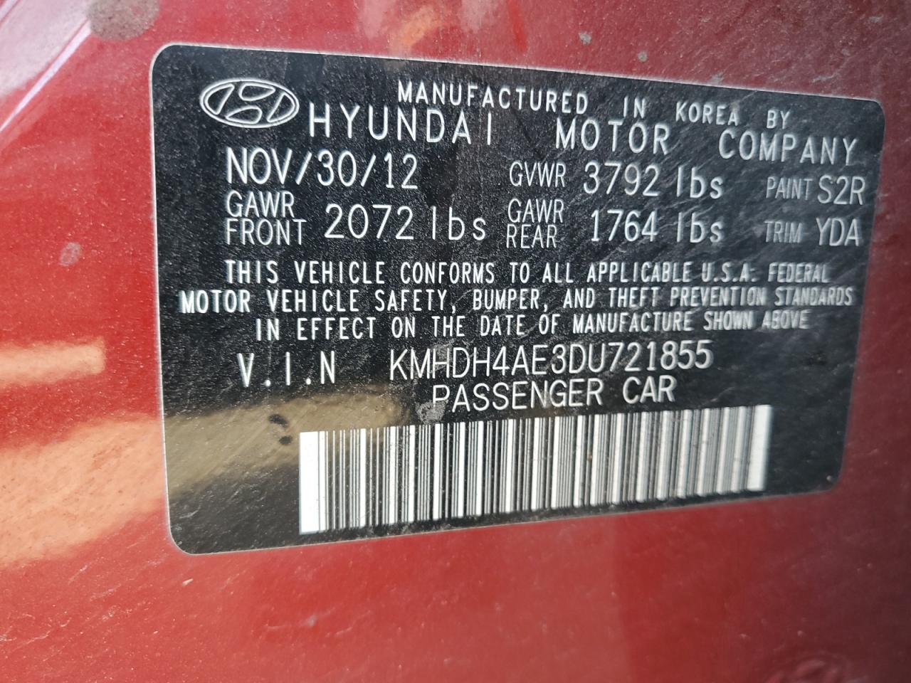 2013 Hyundai Elantra Gls VIN: KMHDH4AE3DU721855 Lot: 52005064