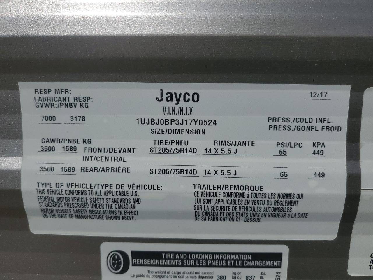 2018 Jayco Jay Flight VIN: 1UJBJ0BP3J17Y0524 Lot: 70162163