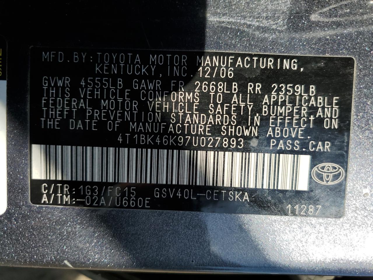 2007 Toyota Camry Le VIN: 4T1BK46K97U027893 Lot: 71782913
