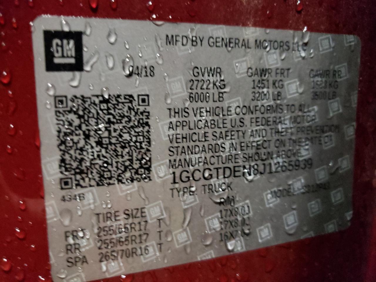 2018 Chevrolet Colorado Z71 VIN: 1GCGTDEN8J1265939 Lot: 71192823