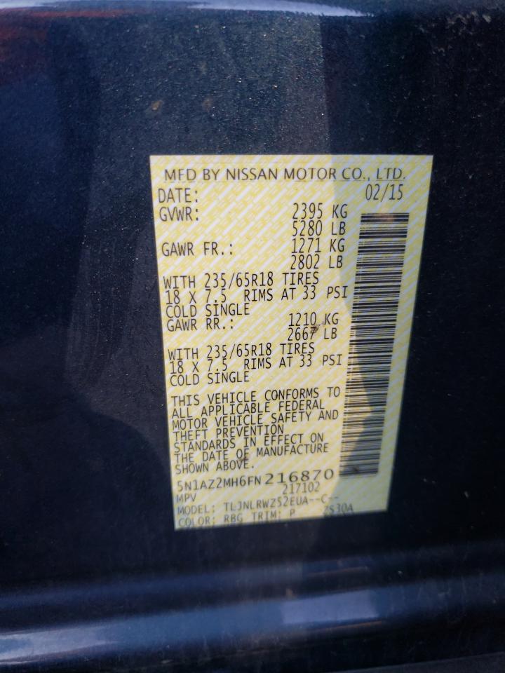 2015 Nissan Murano S VIN: 5N1AZ2MH6FN216870 Lot: 71306233